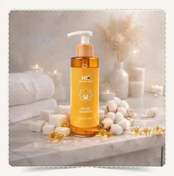 عبوة شامبو المسك Musk Shampoo مع مكعبات المسك الأبيض وزهور القطن وفيتامين E على سطح رخامي.