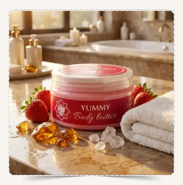عبوة زبدة الجسم يمي Body Butter Yummy في سبا فاخر مع الفراولة الطازجة والعنبر وبلورات السكر.