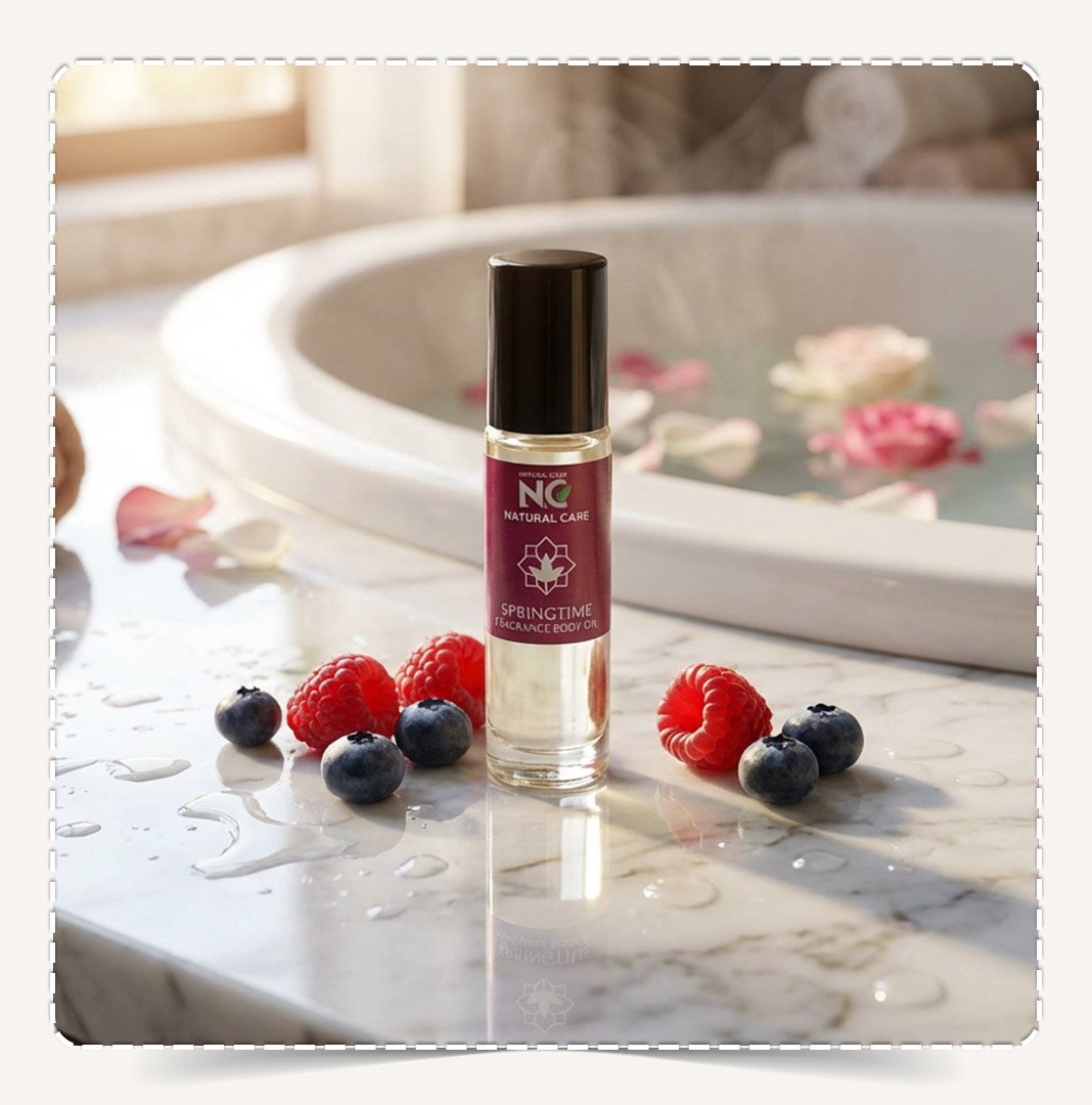 زجاجة زيت سبرينج تايم (Springtime Body Oil) على سطح رخامي مع توت بري وقطرات ماء تعكس الانتعاش.