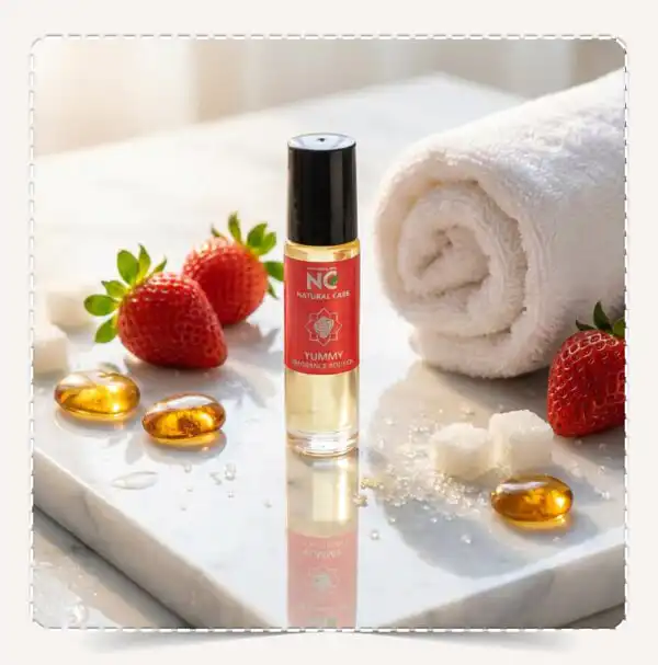 زيت الجسم Yummy Body Oil برائحة الفراولة والحلوى على سطح رخامي مبلل مع منشفة.