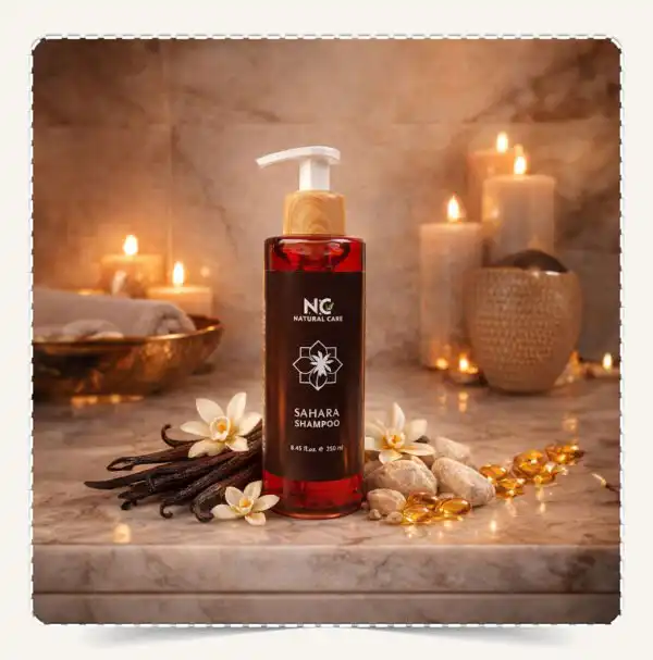 عبوة شامبو صحارى Sahara Shampoo مع أعواد الفانيليا وزهور الفانيليا البيضاء وأحجار المسك في سبا.