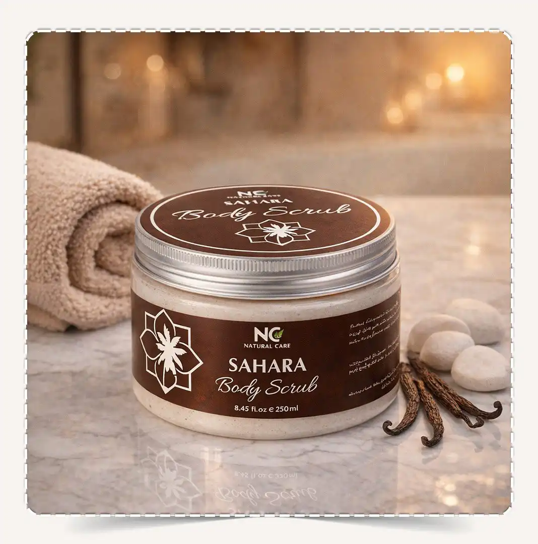 عبوة مقشر الجسم صحارى Sahara Body Scrub بنية على سطح رخامي مع منشفة بيج وأعواد فانيليا وأحجار مسك.