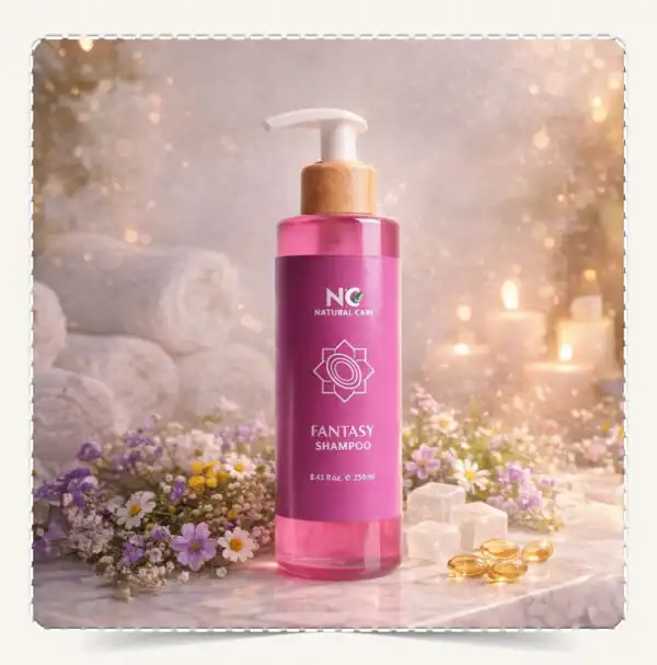 عبوة شامبو فانتزي Fantasy Shampoo مع زهور برية ملونة ومكعبات مسك وفيتامين E في سبا.