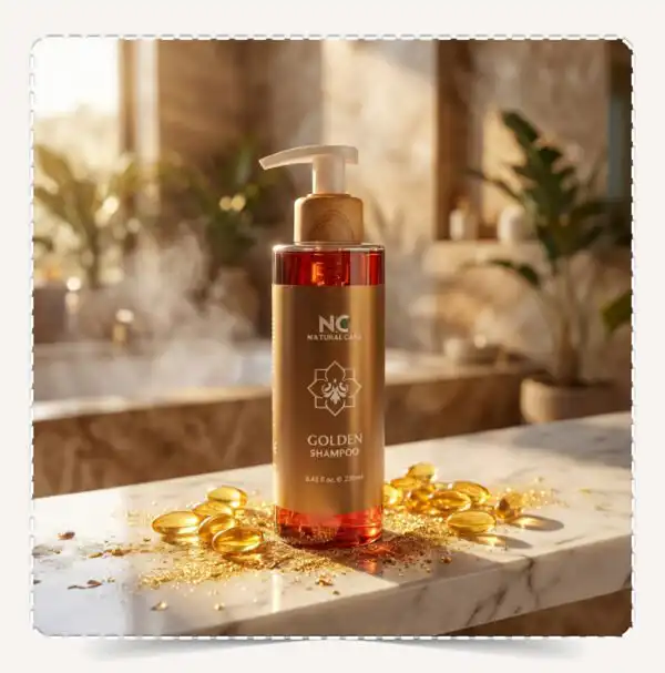 عبوة الشامبو الذهبي Golden Shampoo بغطاء خشبي وكبسولات فيتامين E وغبار ذهبي في سبا فاخر.