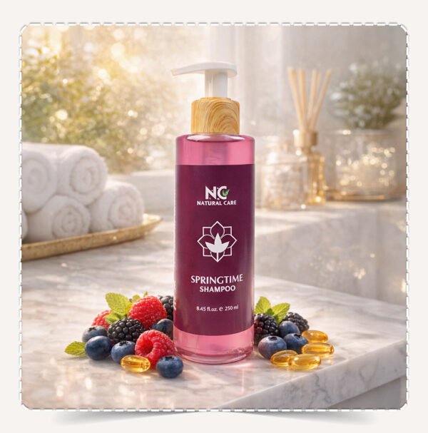 عبوة شامبو سبرينج تايم Springtime Shampoo برائحة التوت والفواكه وفيتامين E على رخام أبيض.