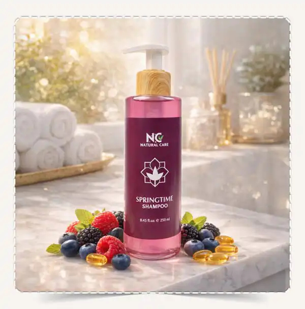 عبوة شامبو سبرينج تايم Springtime Shampoo برائحة التوت والفواكه وفيتامين E على رخام أبيض.