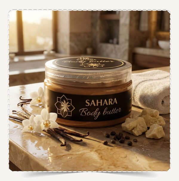 عبوة زبدة الجسم صحارى Body Butter Sahara البنية في سبا فاخر مع أعواد الفانيلا والمسك وزبدة الشيا.