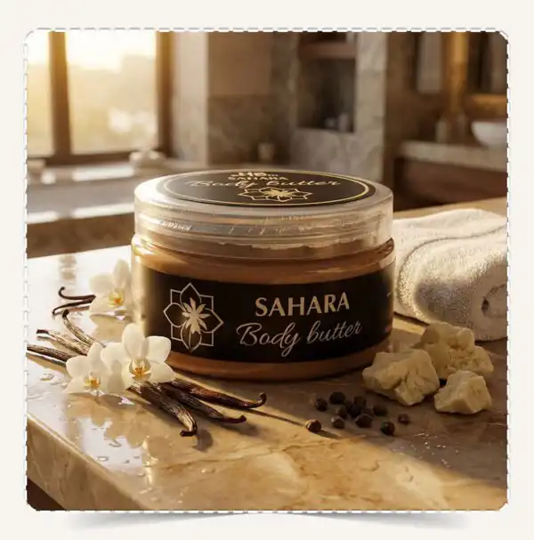 عبوة زبدة الجسم صحارى Body Butter Sahara البنية في سبا فاخر مع أعواد الفانيلا والمسك وزبدة الشيا.