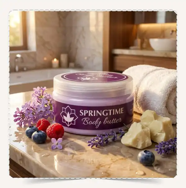 عبوة زبدة الجسم سبرينج تايم Body Butter Springtime في سبا فاخر مع توت طازج وزبدة شيا ولافندر.