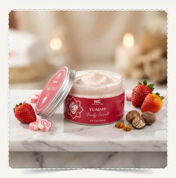 عبوة مقشر الجسم يمي Yummy Body Scrub مفتوحة تظهر القوام الكريمي مع فراولة وحلويات وزبدة شيا.