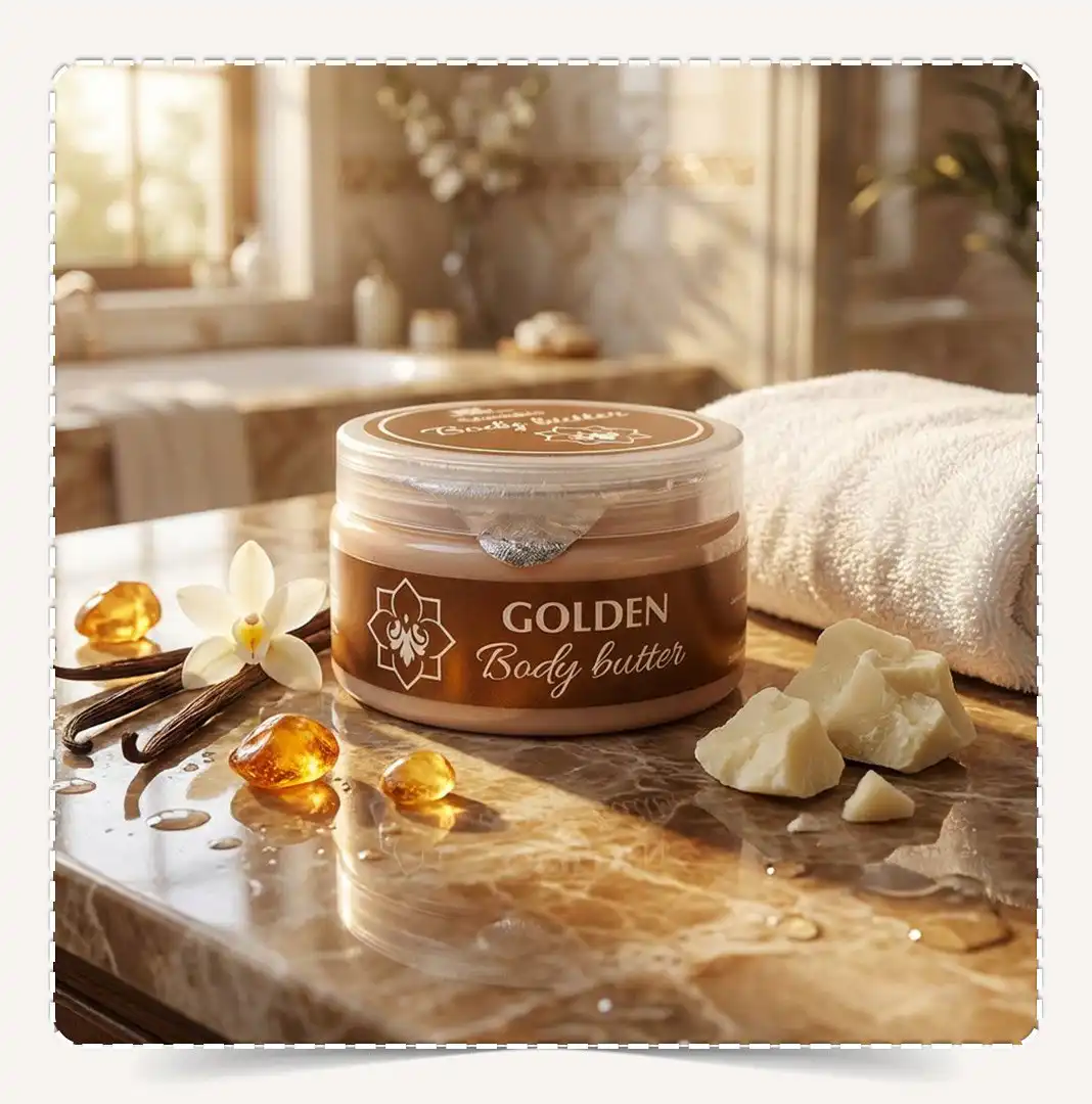 عبوة زبدة الجسم جولدن Body Butter Golden البرونزية في سبا فاخر مع أعواد الفانيلا وأحجار العنبر وزبدة الشيا.