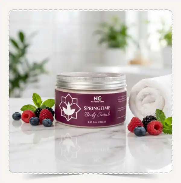 عبوة مقشر الجسم سبرينج تايم Springtime Body Scrub نبيذية على سطح رخامي مع منشفة وتوت مشكل ونعناع.