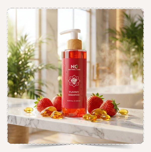 عبوة شامبو يمي Yummy Shampoo برائحة الفراولة والعنبر وفيتامين E في سبا فاخر.