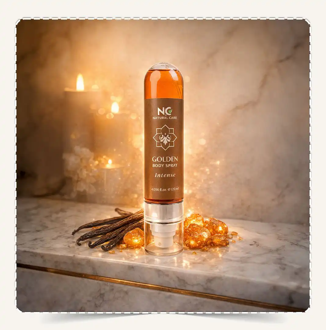 عبوة معطر الجسم الذهبي Golden Body Spray Intense مع أعواد الفانيليا وأحجار العنبر في سبا فاخر.
