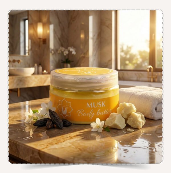 عبوة زبدة الجسم مسك Body Butter Musk في سبا فاخر مع قرون المسك وقطع زبدة الشيا الخام وزهور بيضاء.