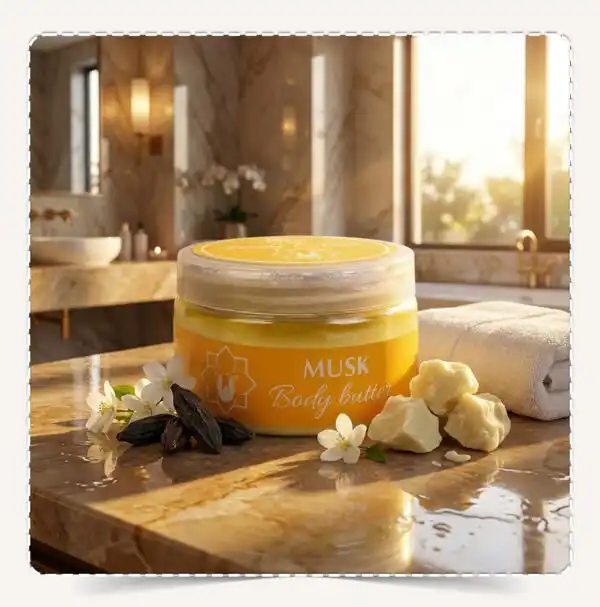 عبوة زبدة الجسم مسك Body Butter Musk في سبا فاخر مع قرون المسك وقطع زبدة الشيا الخام وزهور بيضاء.