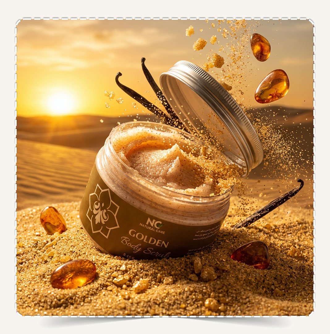 مقشر الجسم جولدن مدفون في رمال الصحراء وقت الغروب مع فانيليا وعنبر متطاير.