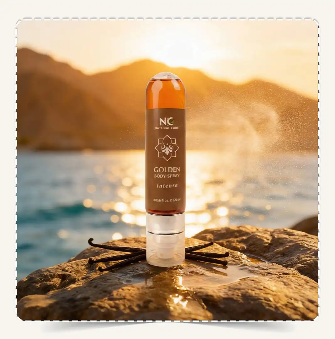 معطر الجسم الذهبي Golden Body Spray على صخرة أمام البحر وقت الغروب مع رذاذ معطر وأعواد الفانيليا.