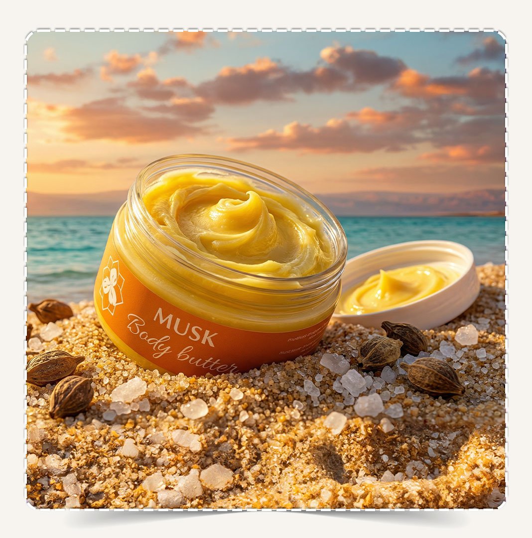 زبدة الجسم مسك Body Butter Musk مفتوحة تظهر القوام الأصفر الكثيف على شاطئ البحر الميت.
