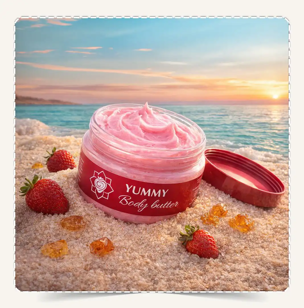 زبدة الجسم يميBody Butter Yummy مفتوحة تظهر القوام الوردي الكثيف على شاطئ البحر الميت مع الفراولة.