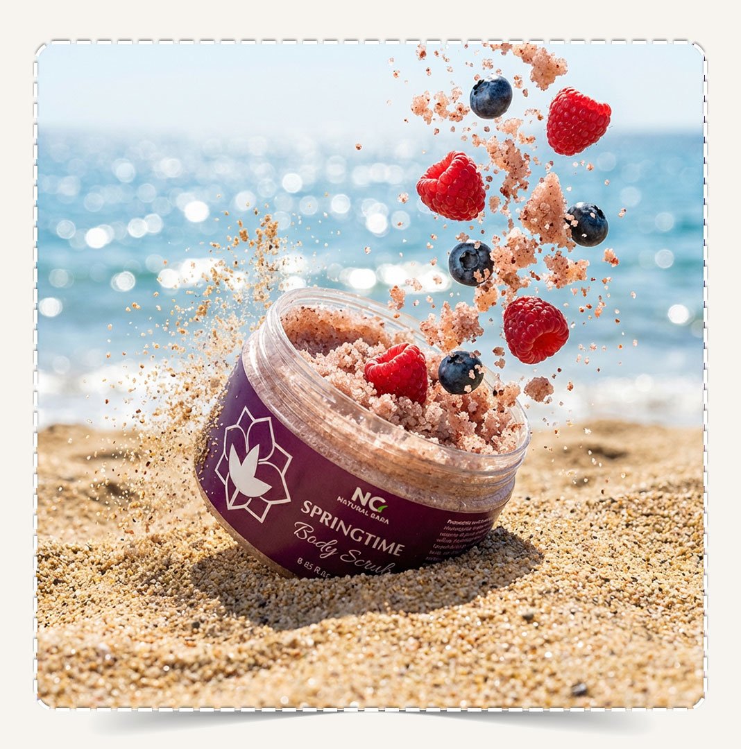 مقشر الجسم سبرينج تايم مدفون في رمال الشاطئ مع توت مشكل متطاير ورذاذ رمل.