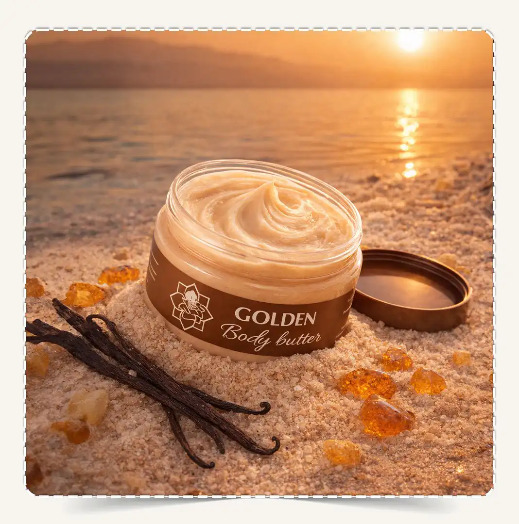 زبدة الجسم جولدن مفتوحة تظهر القوام الكريمي البيج الكثيف على رمال الشاطئ مع الفانيلا والعنبر.