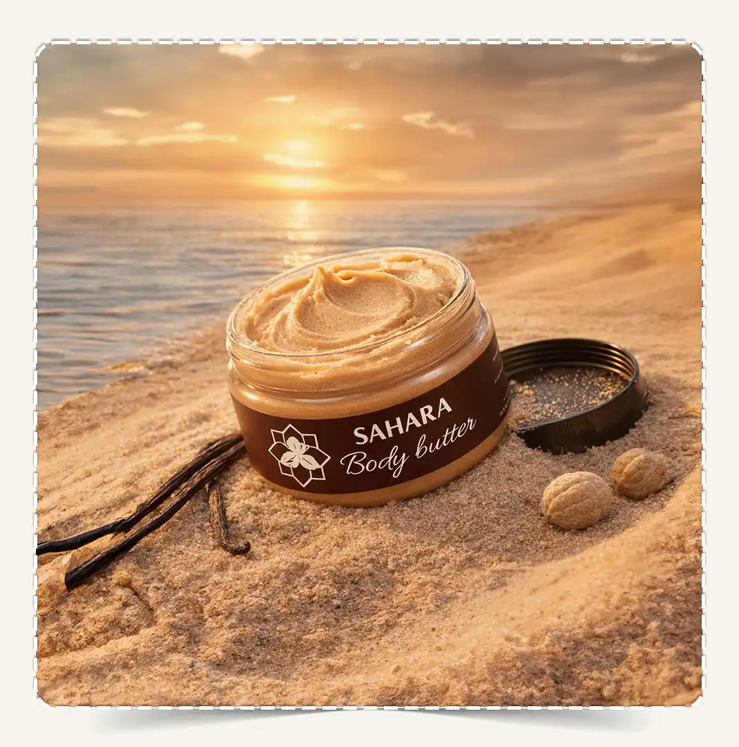 زبدة الجسم صحارى مفتوحة تظهر القوام البيج الكريمي الكثيف بالفانيلا والمسك على الرمال وقت الغروب.