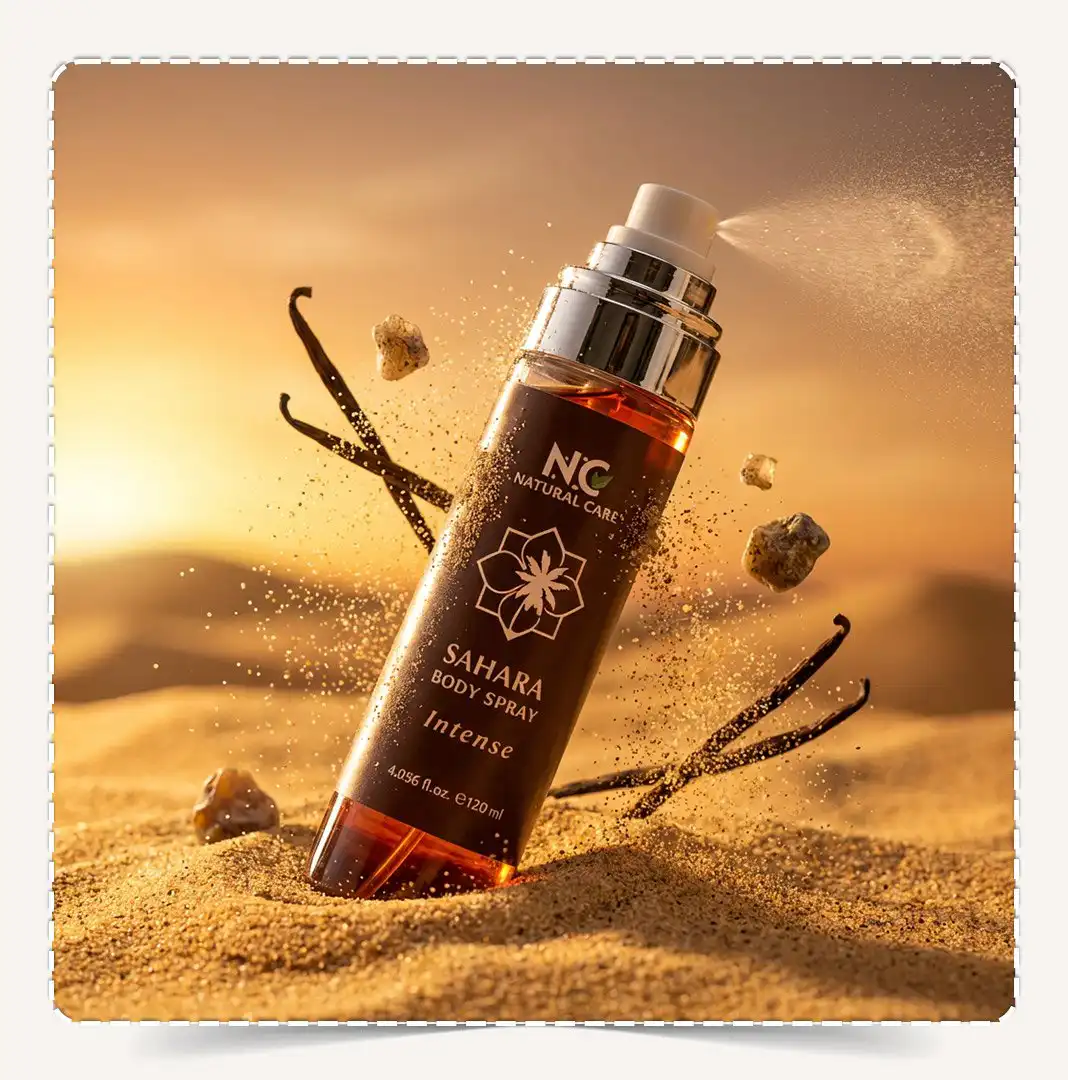 معطر الجسم صحارى مدفون في رمال الصحراء مع أعواد فانيليا متطايرة ورذاذ.