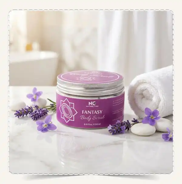 عبوة مقشر الجسم فانتسي Fantasy Body Scrub بنفسجية على سطح رخامي مع منشفة وزهور برية وأحجار بيضاء.