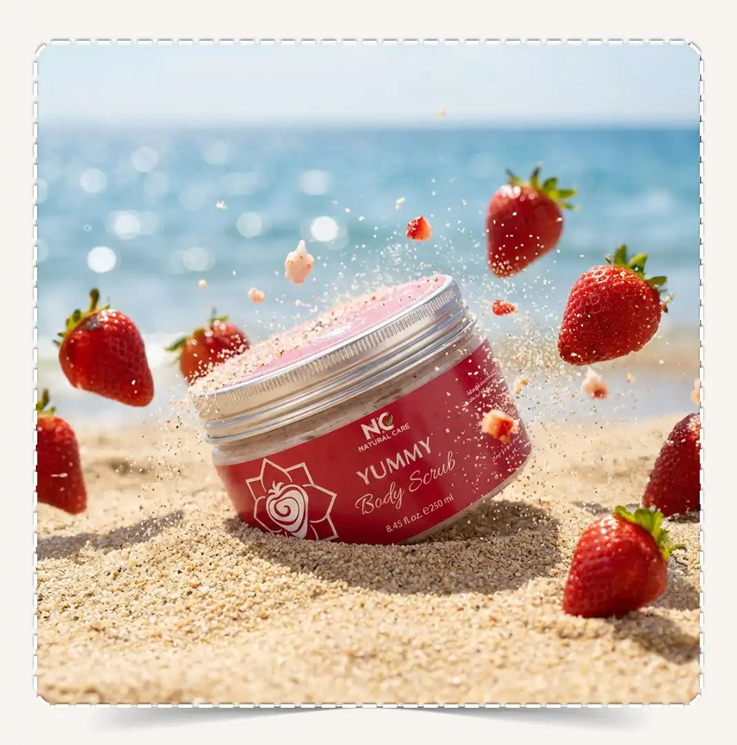 مقشر الجسم يمي مدفون في رمال الشاطئ مع حبيبات مقشر وفراولة متطايرة.