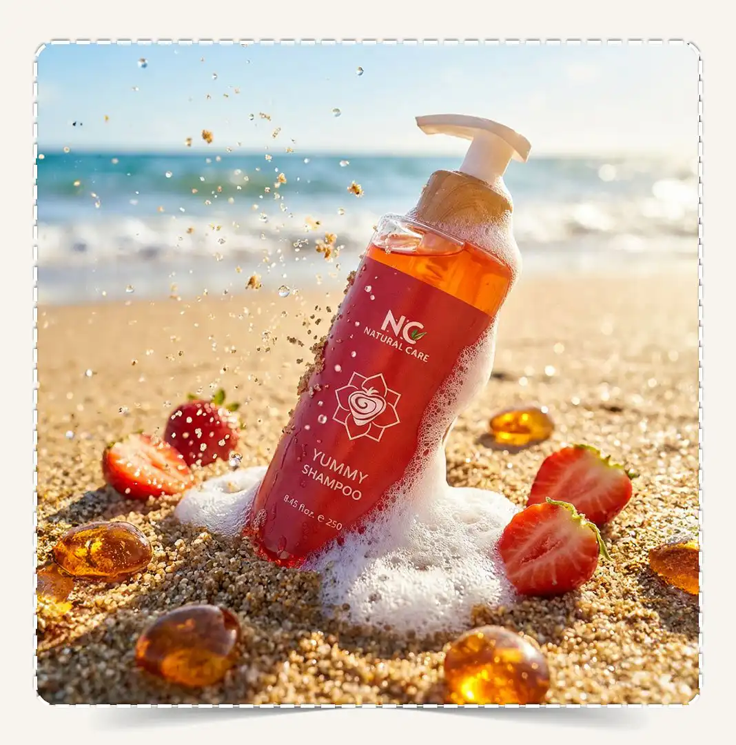 شامبو يمي Yummy Shampoo مدفون في رمال الشاطئ مع رذاذ الرمل ورغوة غنية وقطع الفراولة والعنبر.