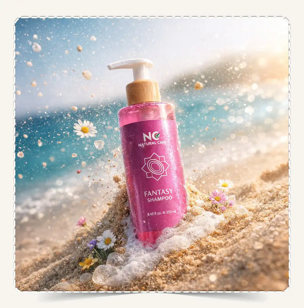 شامبو فانتزي مدفون في رمال الشاطئ مع رذاذ الرمل وزهور برية متطايرة في الهواء.