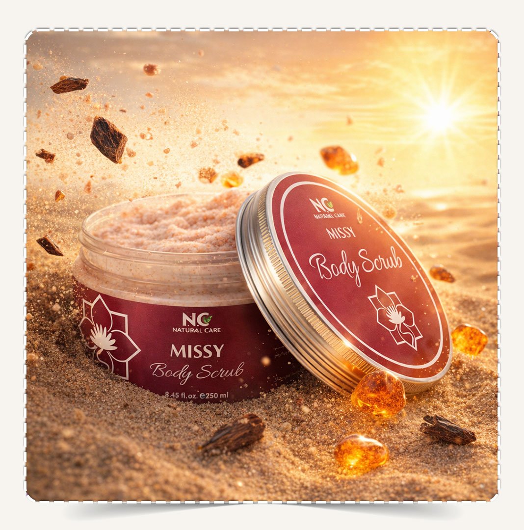 مقشر الجسم ميسي مدفون في الرمال مع قطع عود وعنبر متطايرة وقت الغروب.