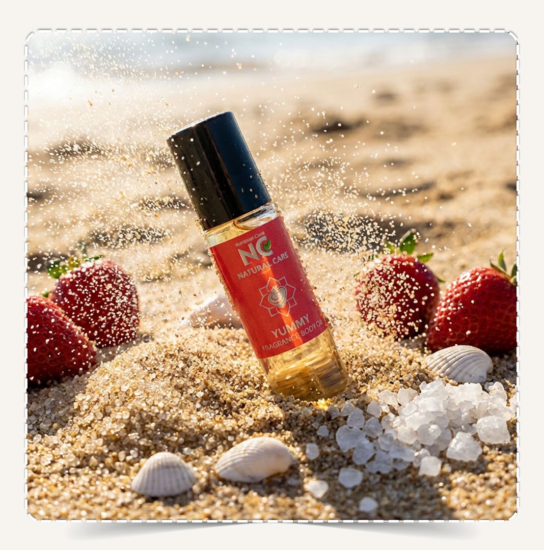 زيت يمي (Yummy) مدفون في رمل الشاطئ مع فراولة وقواقع وتطاير رذاذ الرمل.