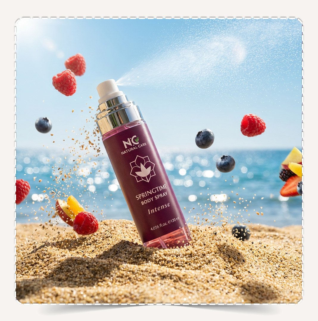 معطر الجسم سبرينج تايم مدفون في رمال الشاطئ مع توت متطاير وفواكه ورذاذ.
