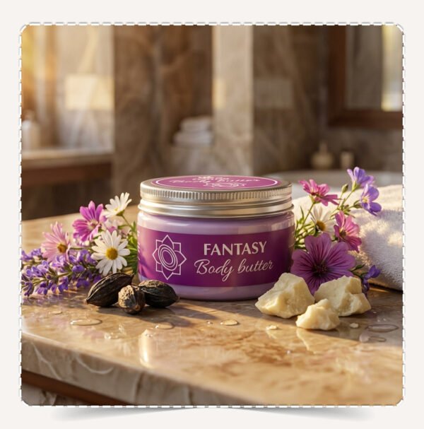 عبوة زبدة الجسم فانتسي Body Butter Fantasy البنفسجية في سبا فاخر مع زهور برية ومسك وزبدة شيا.
