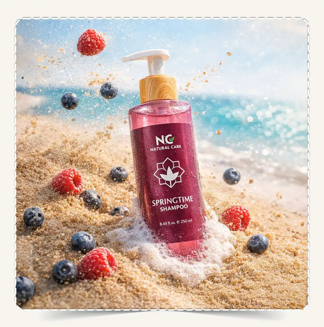 شامبو سبرينج تايم مدفون في رمال الشاطئ مع رذاذ الرمل وحبات التوت المتطايرة.