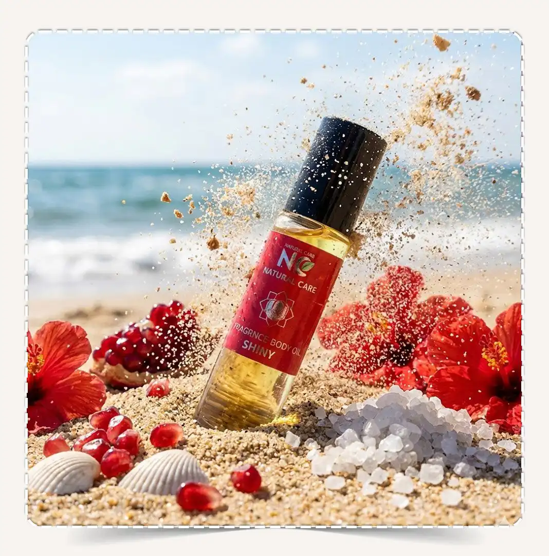 زيت شيني (Shiny) مدفون في رمل الشاطئ مع رمان وزهور وتطاير رذاذ الرمل.