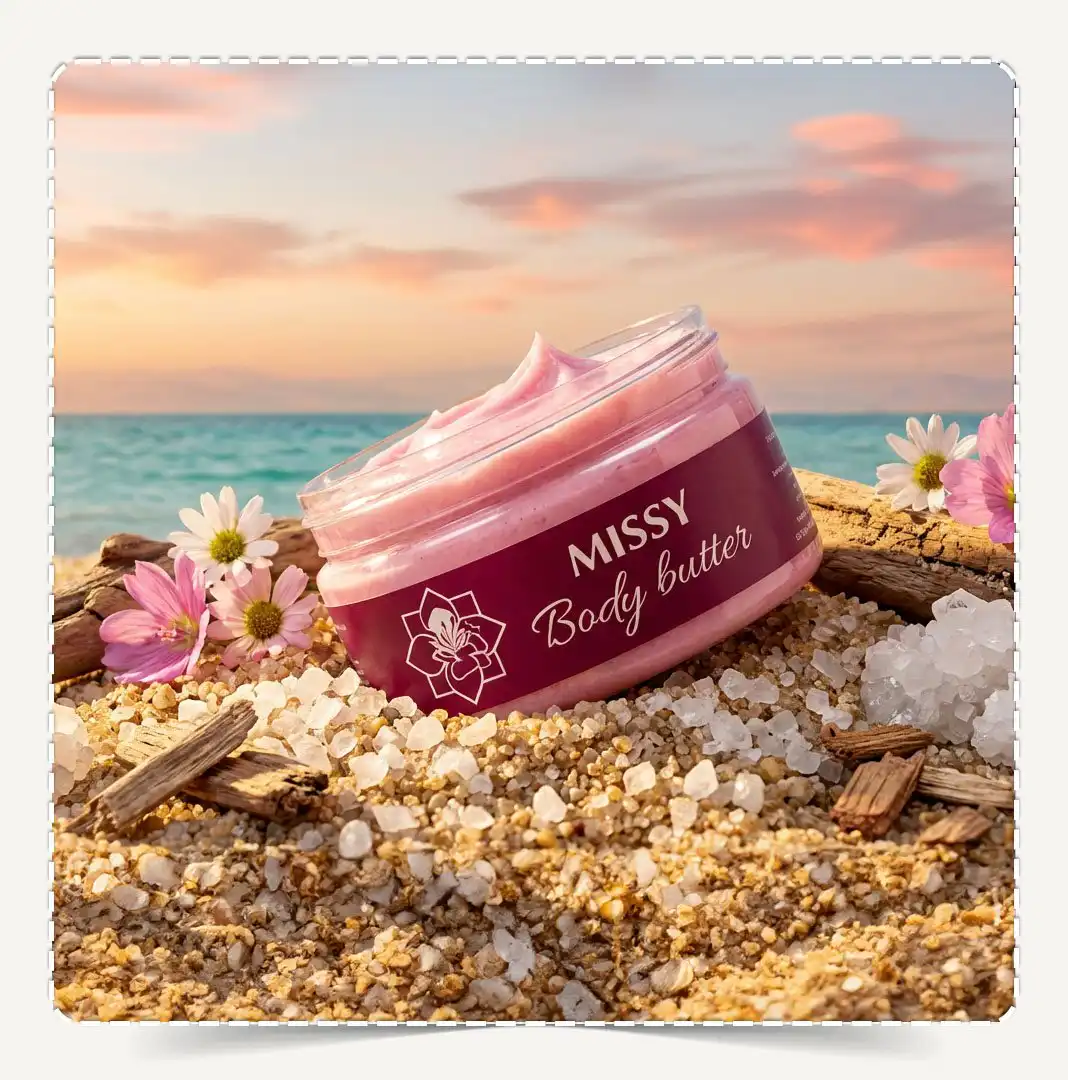 لقطة فائقة الأنوثة والفخامة. برطمان "ميسي" الوردي يظهر بوضوح على سطح رخامي رطب يعكس ضوء الشمس الدافئ. حوله ترتيب فني يجمع بين "رقة الطبيعة" (زهور الكوزموس الوردية والبابونج) و"فخامة الشرق" (قطع خشب العود الداكنة). بلورات الملح الأبيض تضيف لمسة نقاء، وفي الخلفية منشفة وردية وحوض استحمام يعزز جو الاسترخاء.