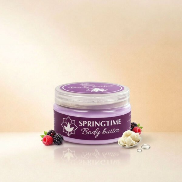 صورة إعلانية تعرض أفضل زبدة الجسم سبرينج تايم Body Butter Springtime من ناتشرال كير عمان، تبرز العبوة الدائرية الشفافة بملصقها البنفسجي الأنيق محاطة بحبات التوت الأحمر والأسود الطازجة، وملعقة معدنية تحمل زبدة الشيا الخام مع قطرات الزيوت على سطح زجاجي عاكس.