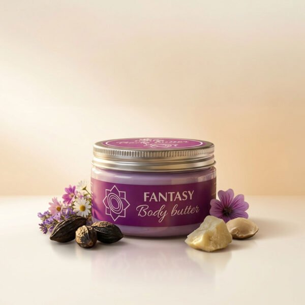 صورة إعلانية تعرض أفضل زبدة الجسم فانتسي Body Butter Fantasy من ناتشرال كير عمان، تبرز العبوة الدائرية الشفافة بملصقها البنفسجي الأنيق محاطة بتشكيلة من الزهور البرية الرقيقة، قطع زبدة الشيا، وحبات الكاكاو الخام على سطح زجاجي عاكس.