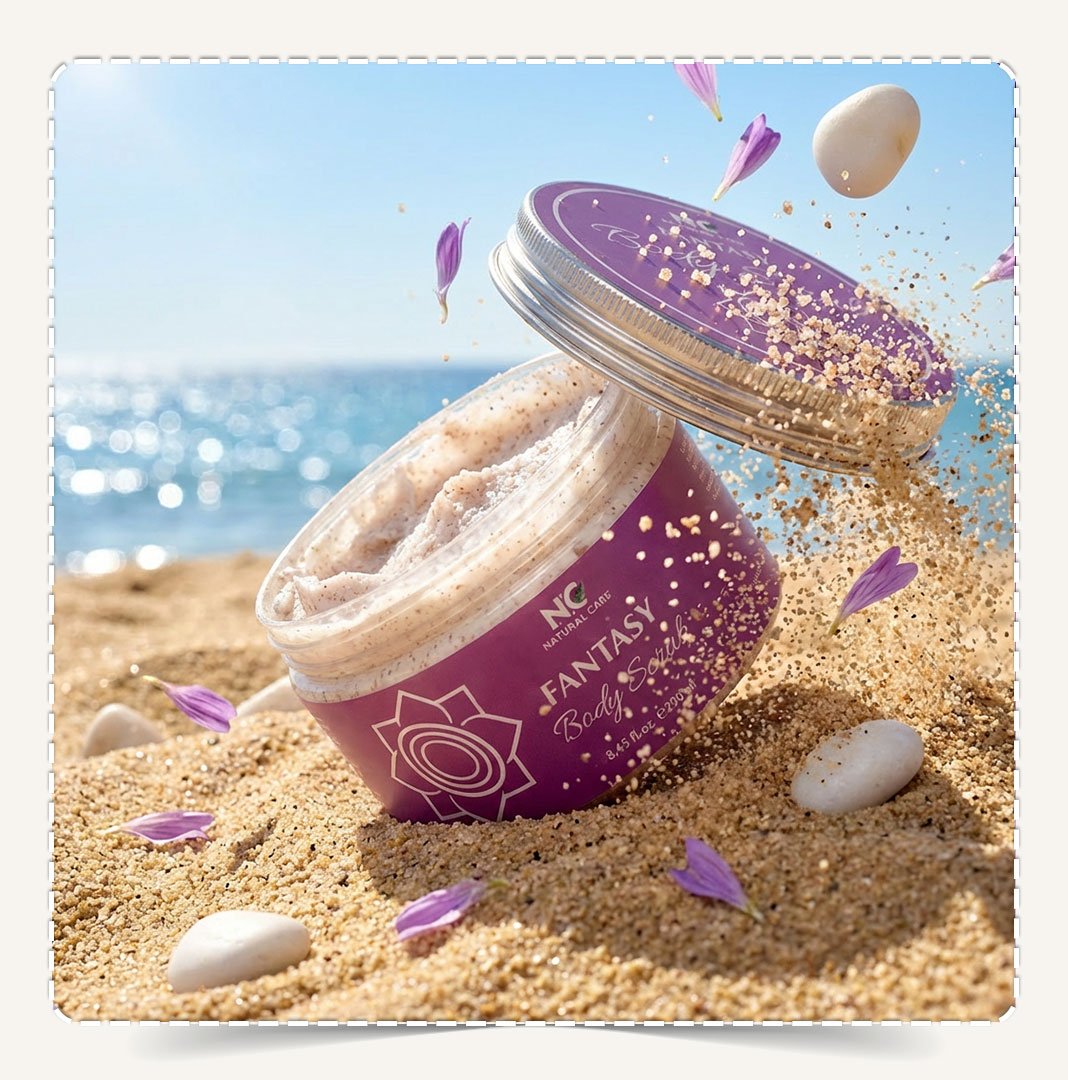 مقشر الجسم فانتسي مدفون في رمال الشاطئ مع بتلات زهور بنفسجية متطايرة.
