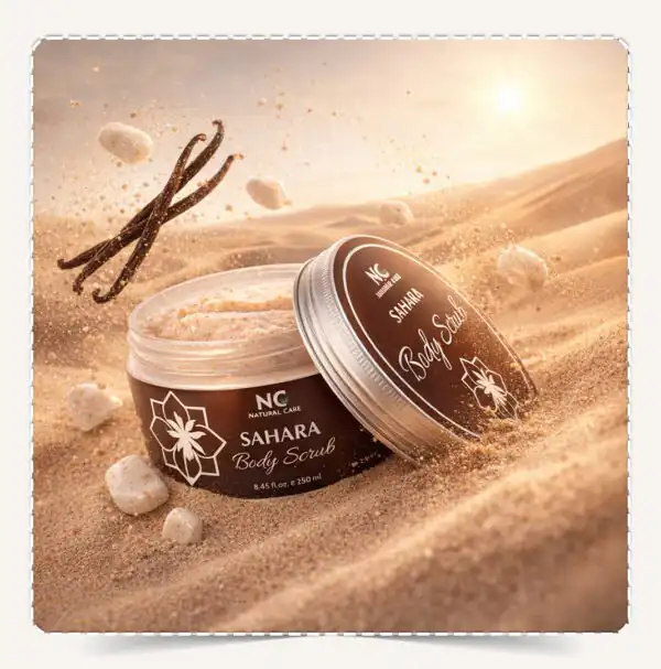 مقشر الجسم صحارى مدفون في رمال الصحراء مع أعواد فانيليا وأحجار مسك متطايرة.