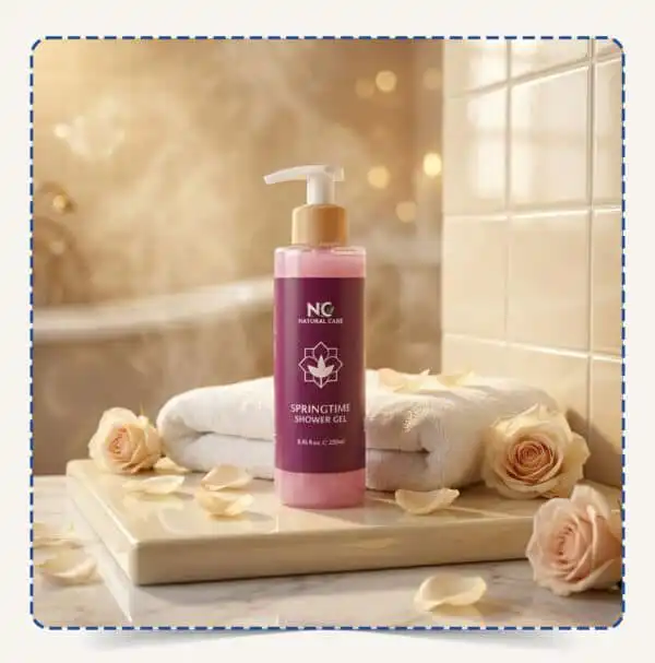 Springtime Shower Gel | شاور جيل سبرينغ تايم من Natural Care Oman زجاجة بمضخة بيضاء مع سائل وردي وملصق بنفسجي بجانب منشفة وورود