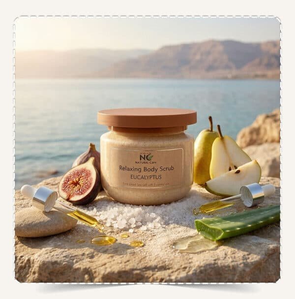 مقشر جسم طبيعي بزيت الأوكالبتوس Natural Body Scrub Eucalyptus على شاطئ البحر الميت مع زيوت طبيعية وثمار فاكهة.