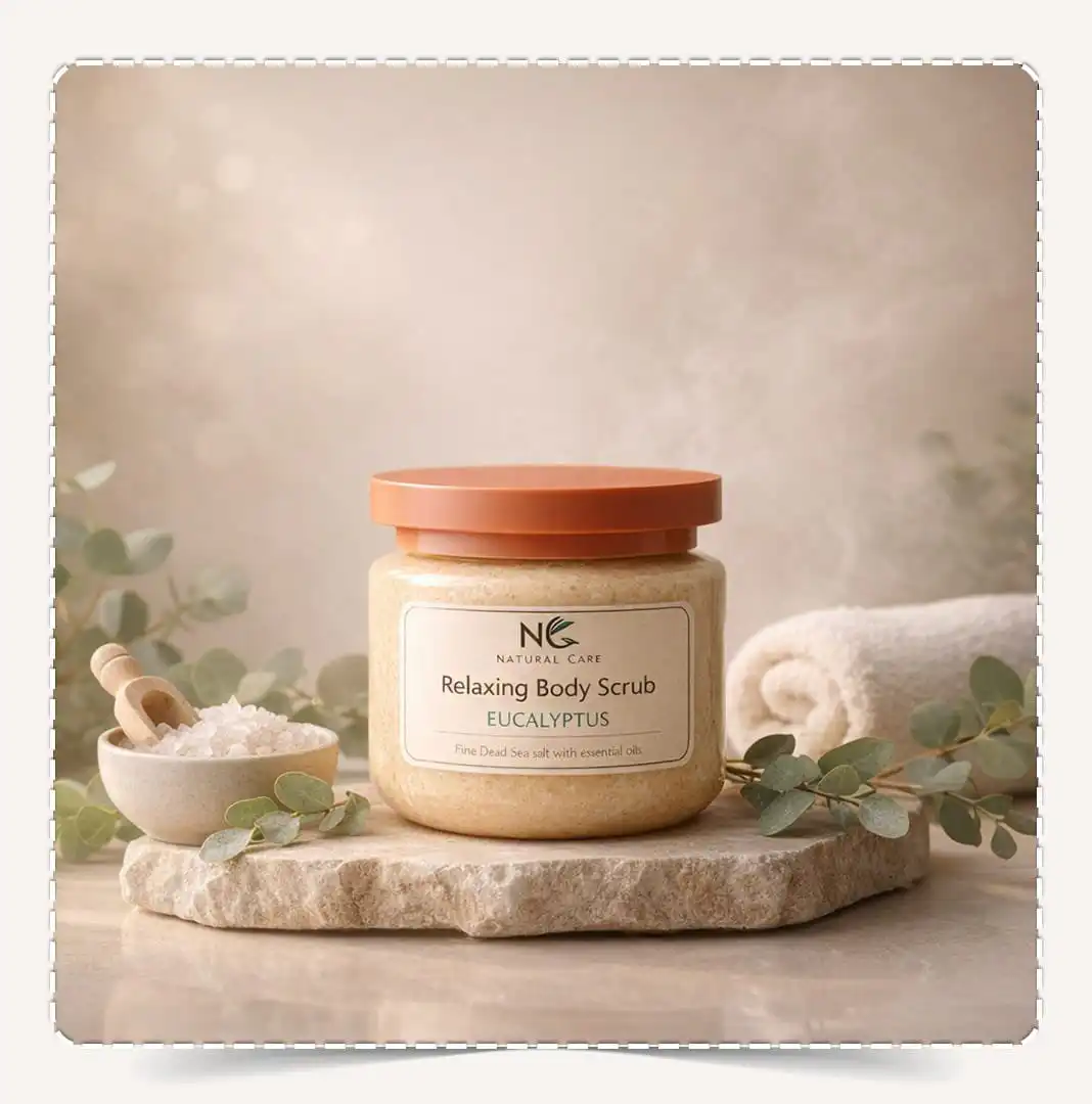 عبوة مقشر جسم طبيعي بزيت الأوكالبتوس Natural Body Scrub Eucalyptus مع أوراق شجر الأوكالبتوس الخضراء وملح البحر ومنشفة بيضاء.