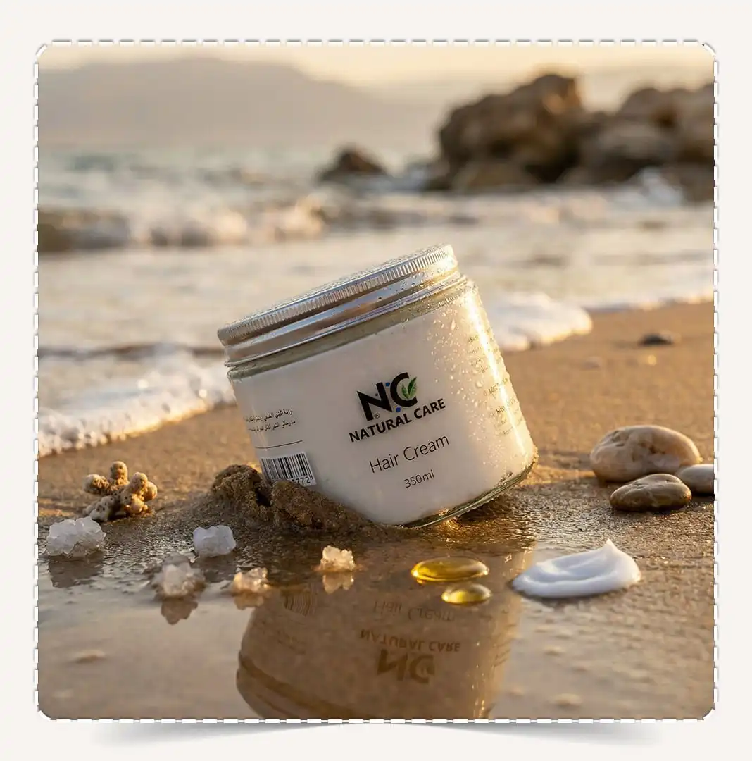 كريم الشعر المغذي Hair Cream على رمال الشاطئ المبللة في عمان وقت الغروب.