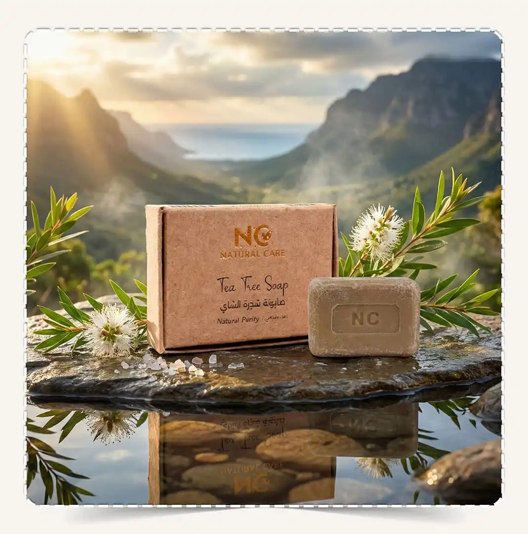 صابونة شجرة الشاي الطبيعية | Tea Tree Soap من Natural Care Oman / ناتشرال كير عمان — علبة الصابون مع قطعة الصابون على قاعدة حجرية فاتحة وبجوارها منشفة قطنية لإيحاء بالنقاء والتنظيف العميق