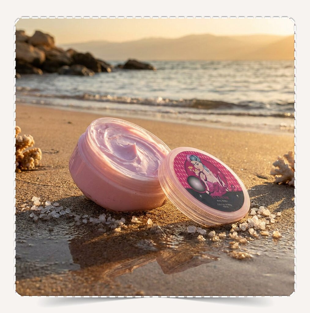 زبدة الجسم أيس كريم Ice Cream Natural Body Butter مفتوحة تظهر القوام الوردي الفاتح على الشاطئ.