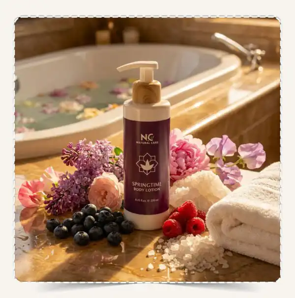 عبوة لوشن الجسم سبرينج تايم Springtime Body Lotion في سبا فاخر مع التوت البري والزهور وأملاح البحر الميت.